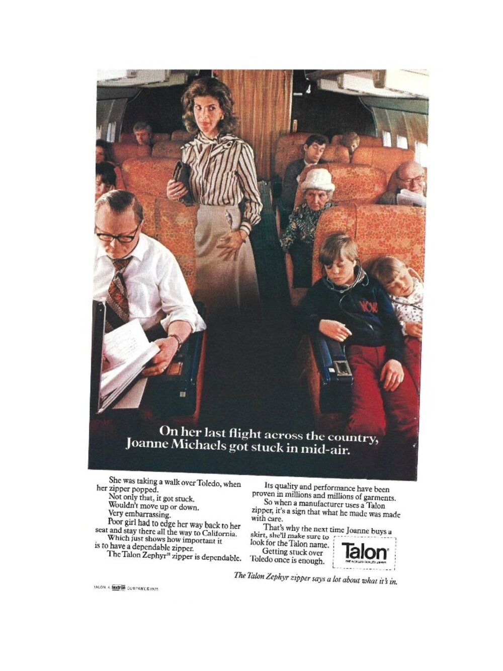 Print Ad Talon Zephyr Zipper 1975 Airline Stewardess Airplane Vintage Retro